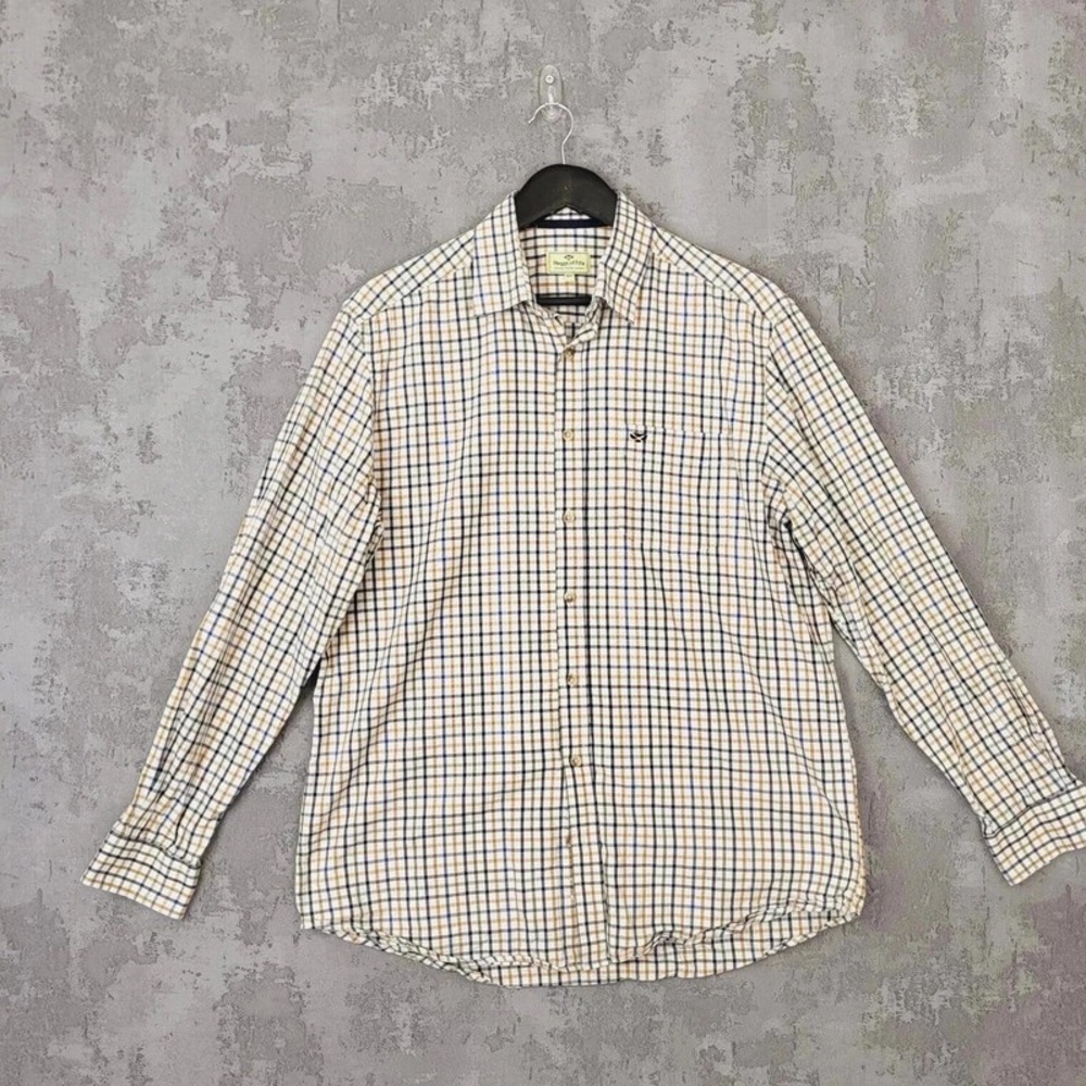 Men's Checkered Button-Down Shirt - Beige and Navy